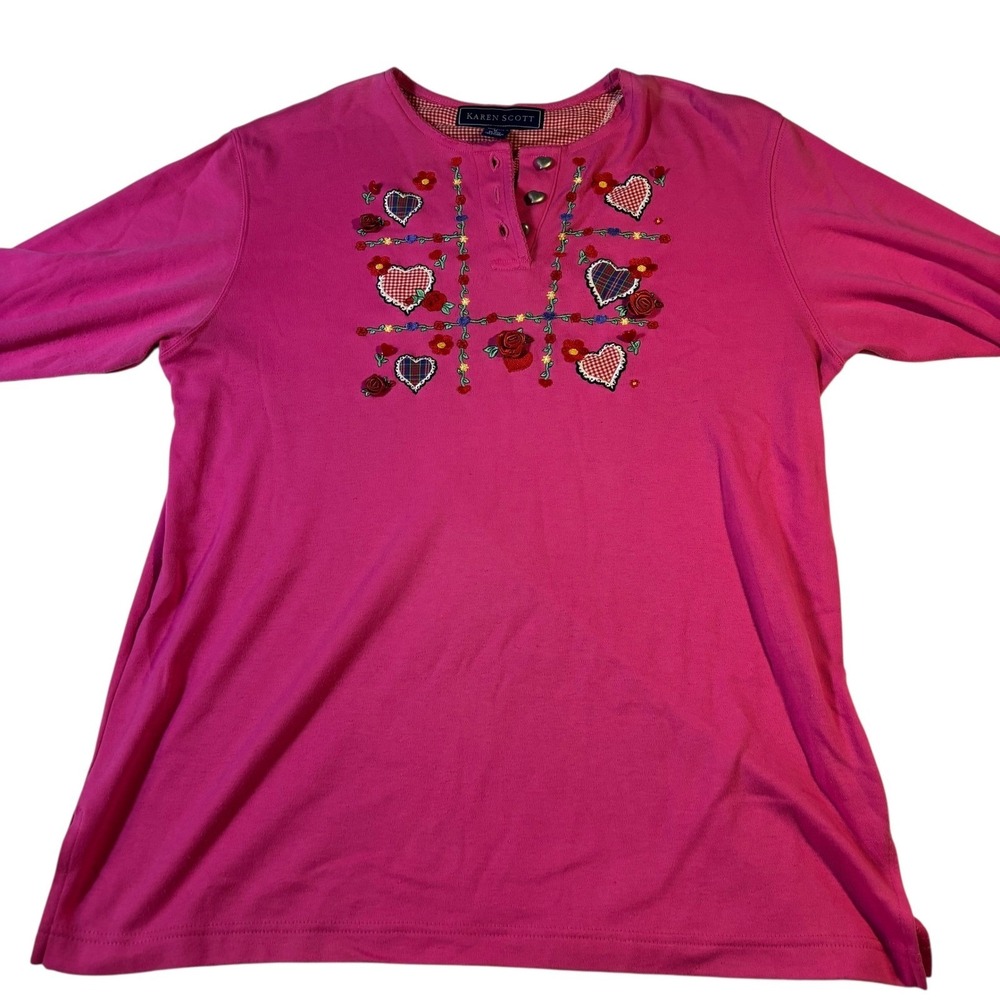 Karen Scott Pink Floral Hearts Embroidered‎ Long Sleeve Top Women's Medium Y2K